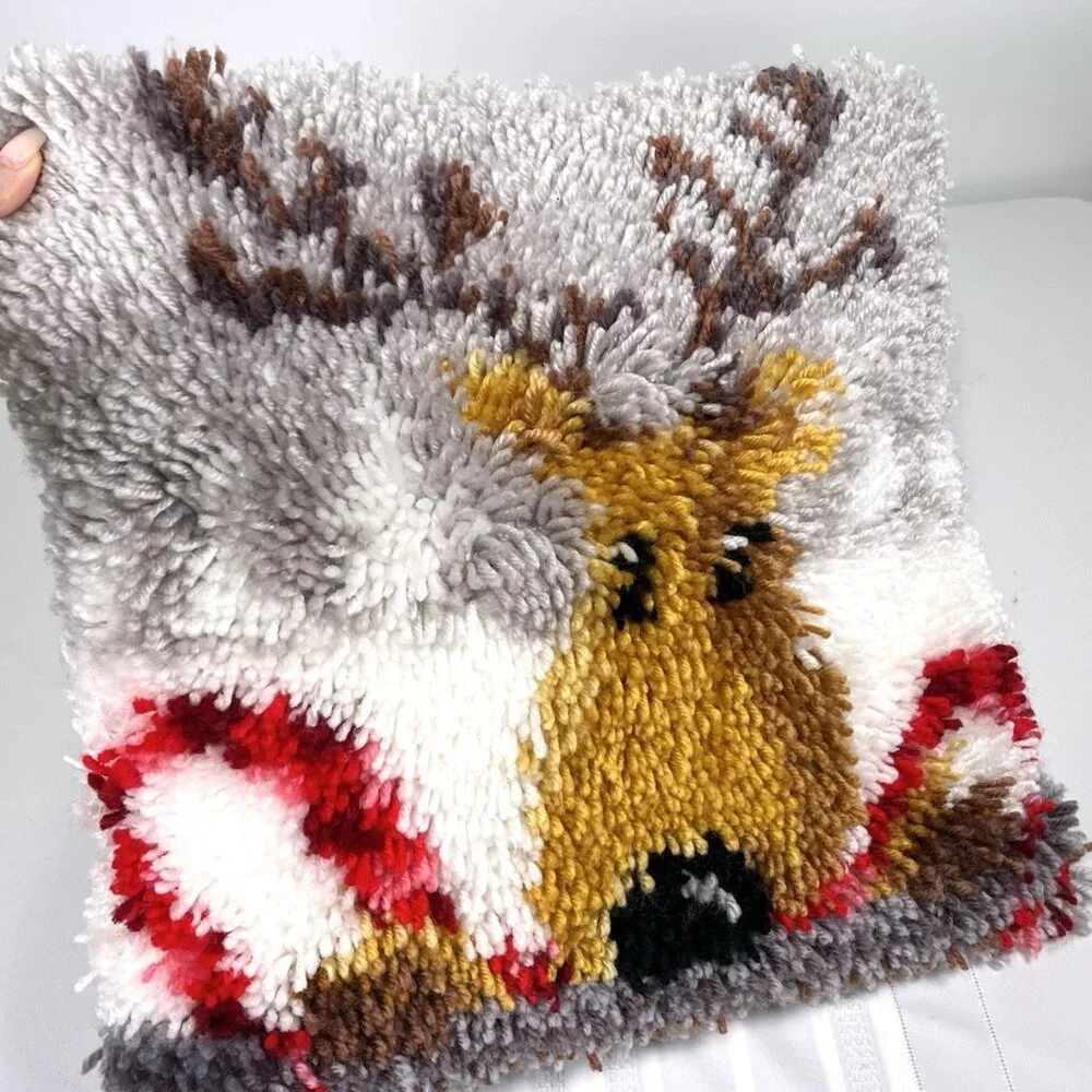 Vintage Latch Hook Shag Christmas Pillow Reindeer with Candy Canes Kitsch 16”